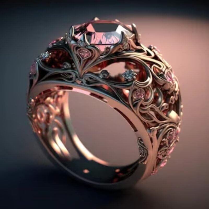 18K Gold Vintage Ring with Engraved Patterns on Round Edge, Creative Design, ...