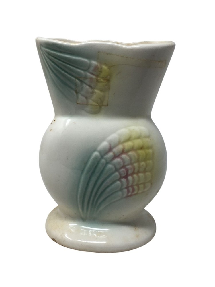 Vintage White Flower Vase with Rainbow Feather Design