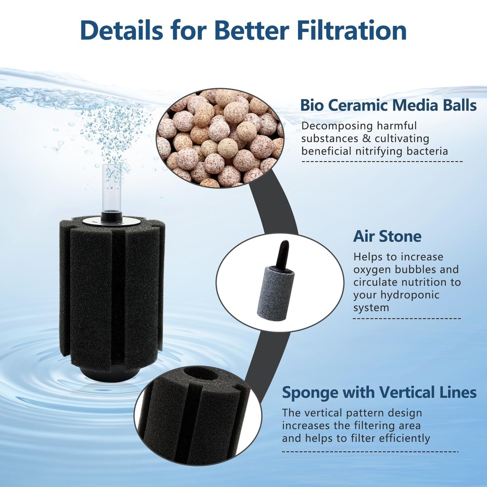 10-50Gal 2 Pack Aquarium Sponge Filter with Ceramic Media and Bubble Diffuser...
