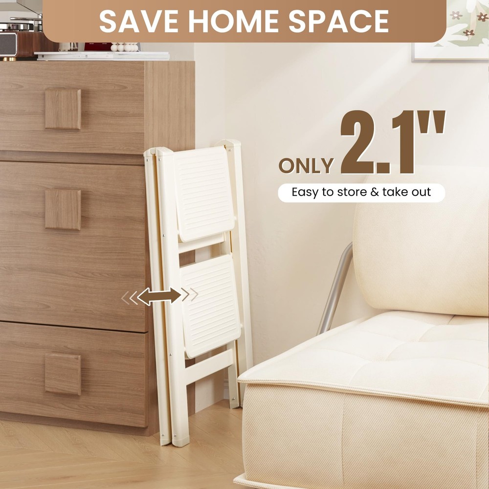GameGem 2 Step Ladder Folding Stool with Wide 2 STEP, Cream White