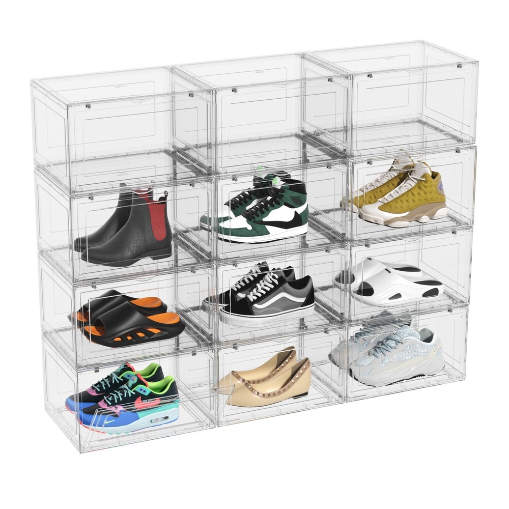 Kekow 12-Packs X-Large Shoe Storage Box Clear Plastic Stackable Shoe Organizer