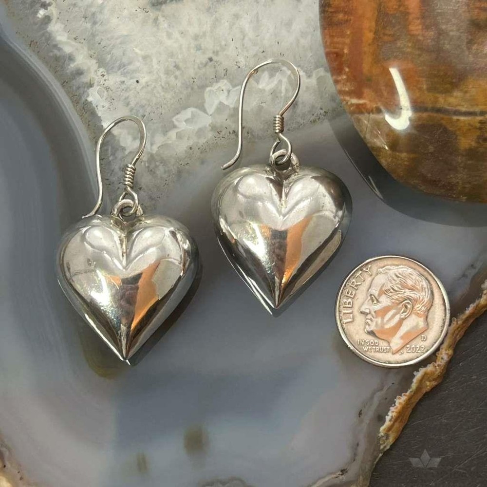 Silver Puff Heart Dangle Earrings For Women