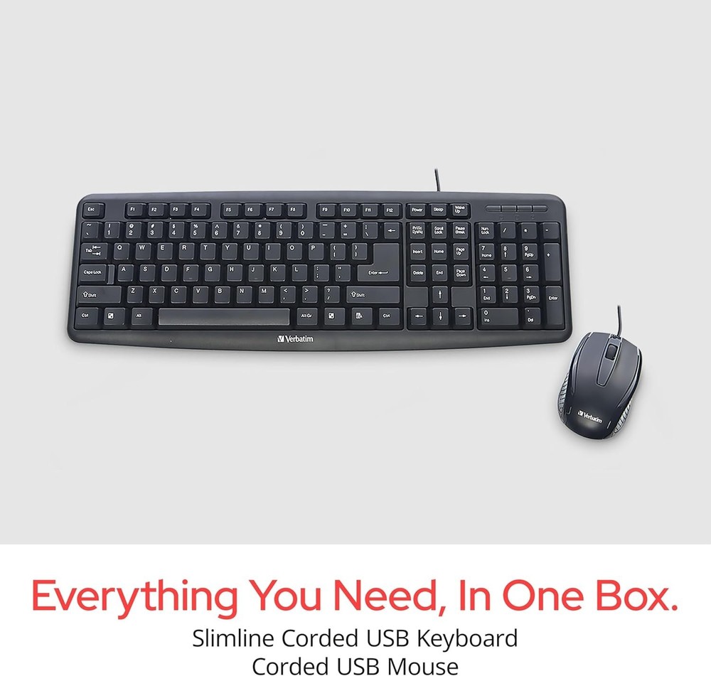Comfortable Wired Keyboard with Adjustable Legs & Ambidextrous Mouse - Black