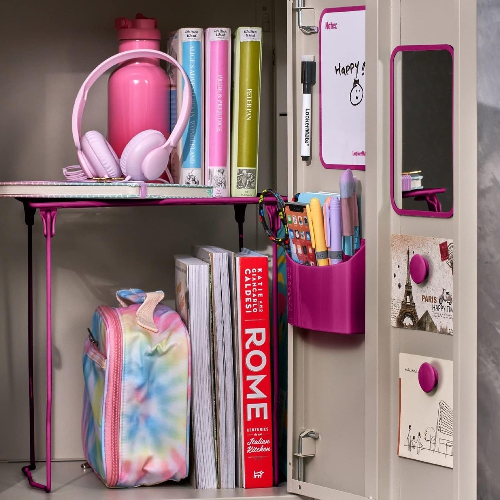 7-Piece Locker Organizer Kit, Includes Locker Shelf, Mirror, Whiteboard,, Pink