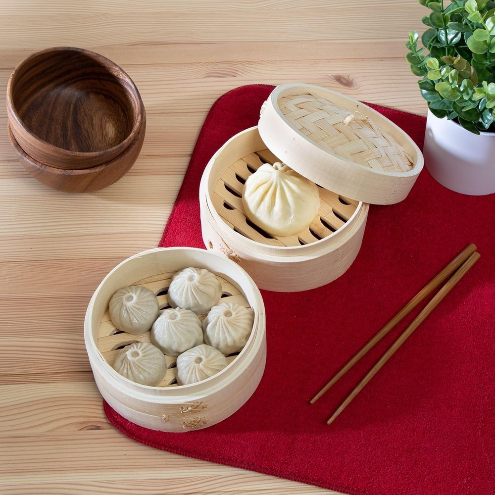 2-Tier Bamboo Steamer Baskets, 6-Inch