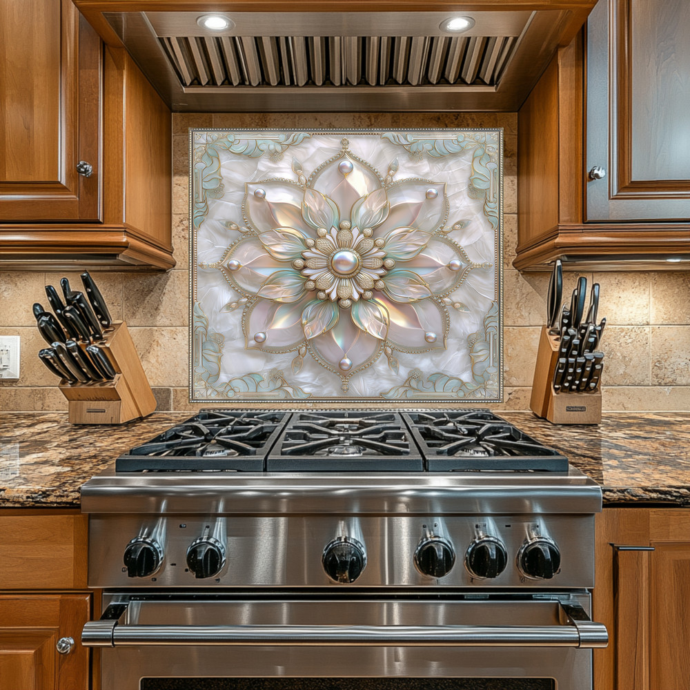 Pearl Look Tempered Glass Kitchen Wall Panel | Elegant Kitchen Decor