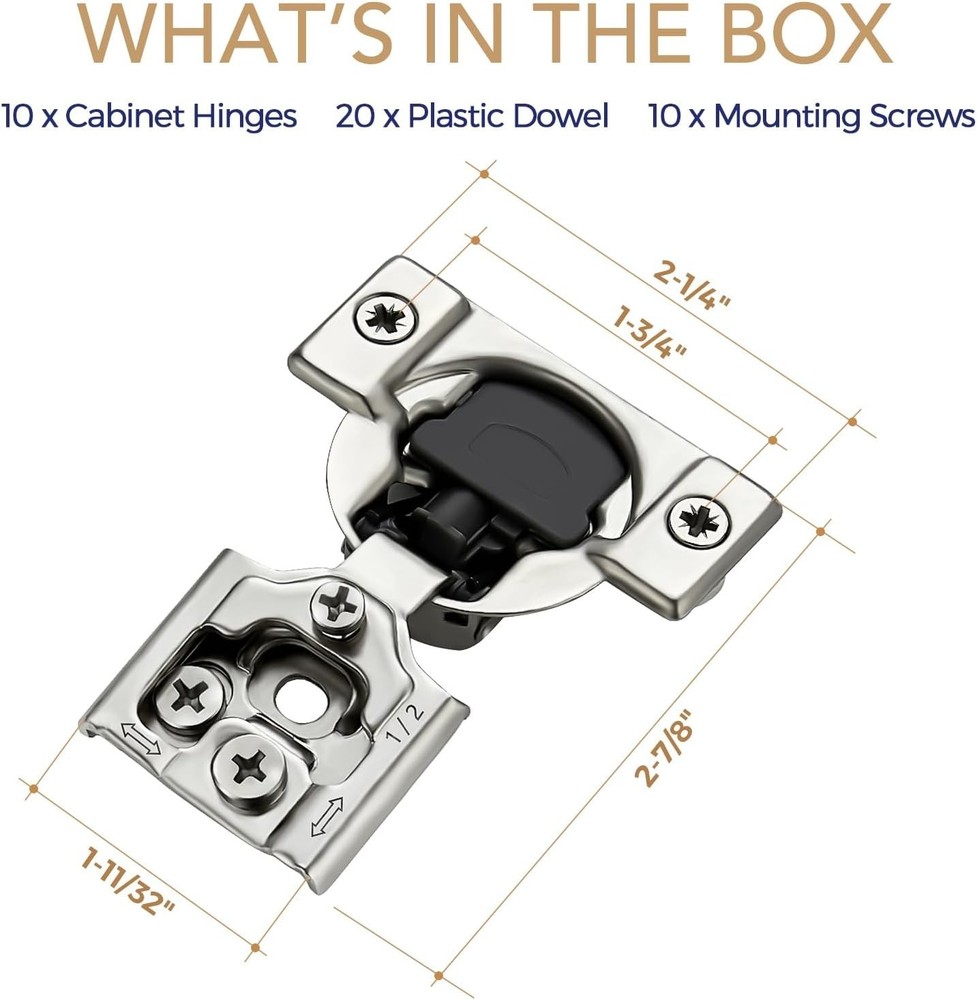 Self-Closing 10 Pack Soft Close Hinges - Adjustable Satin Nickel for Cabinets