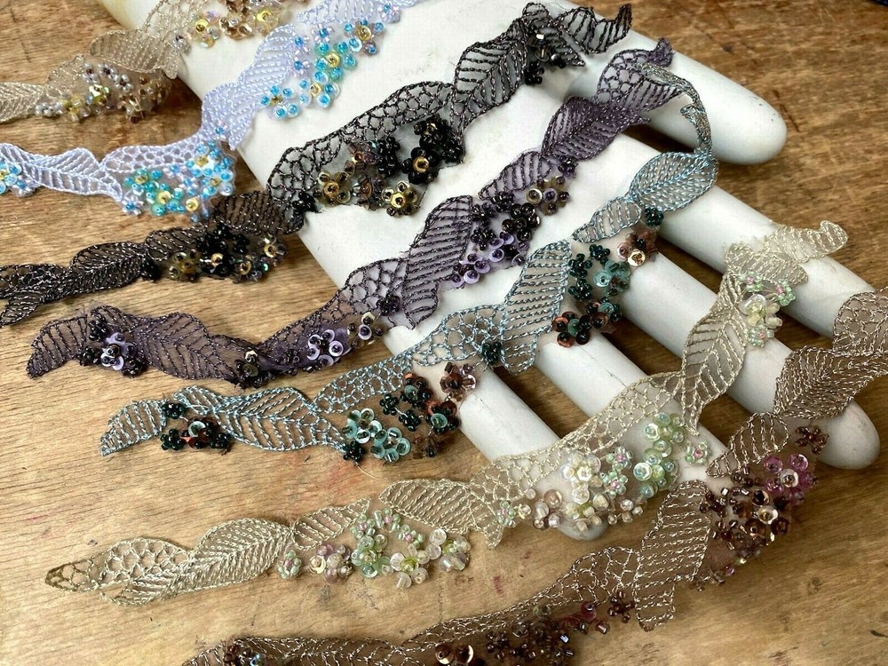 embroidered beads 9" hand sewn sequins strip 1pc assorted