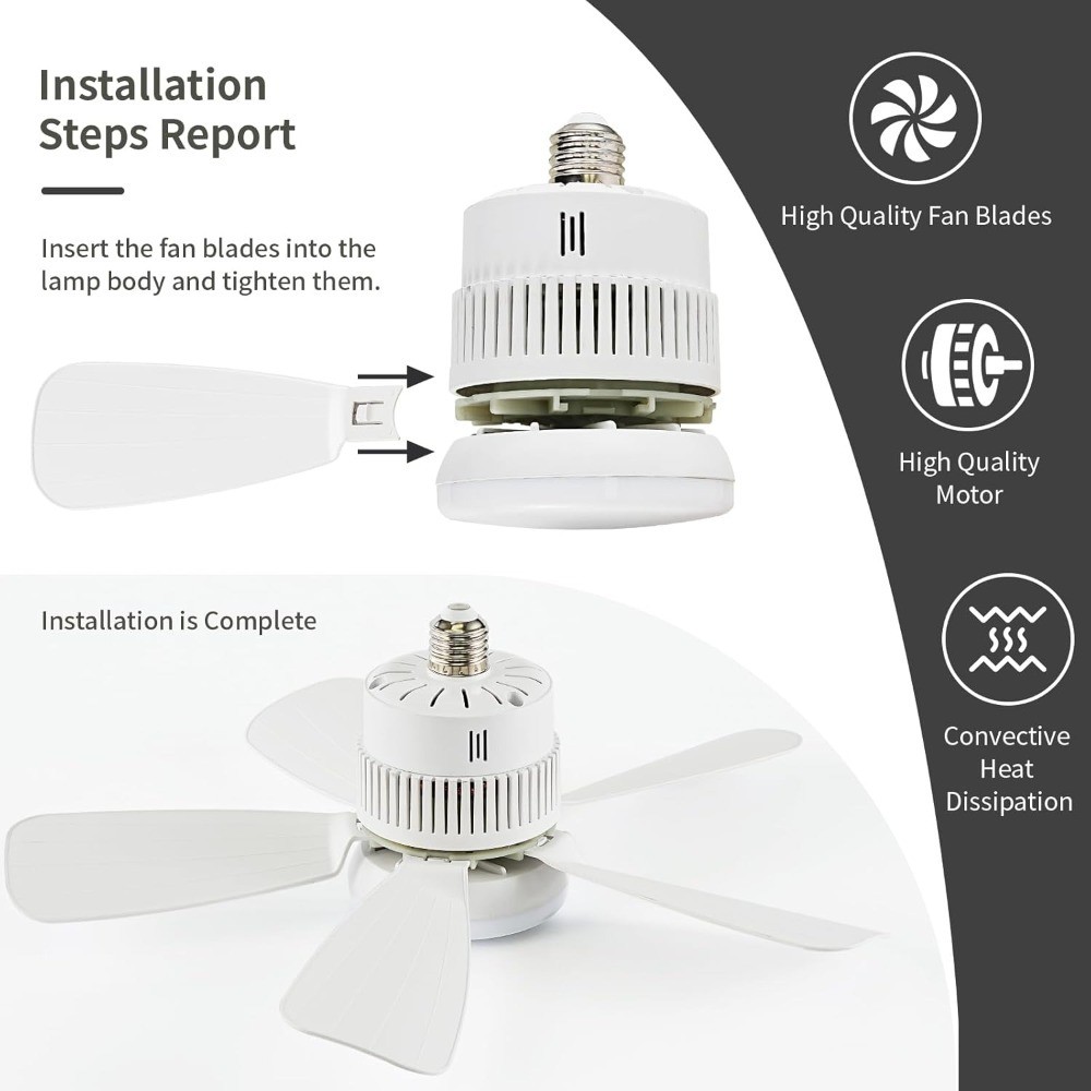 Socket Light Fan with Remote Control, Turbo Airflow Ceiling Fan, Whisper Quiet,