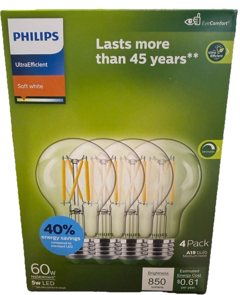 Philips Ultra Efficient 60W Equivalent Soft White A19 LED Bulb (4-Pack)