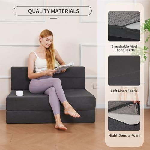 Folding Sofa Bed, Foldable Bed Sleeper Chair with Pillow, Standard Dark Grey