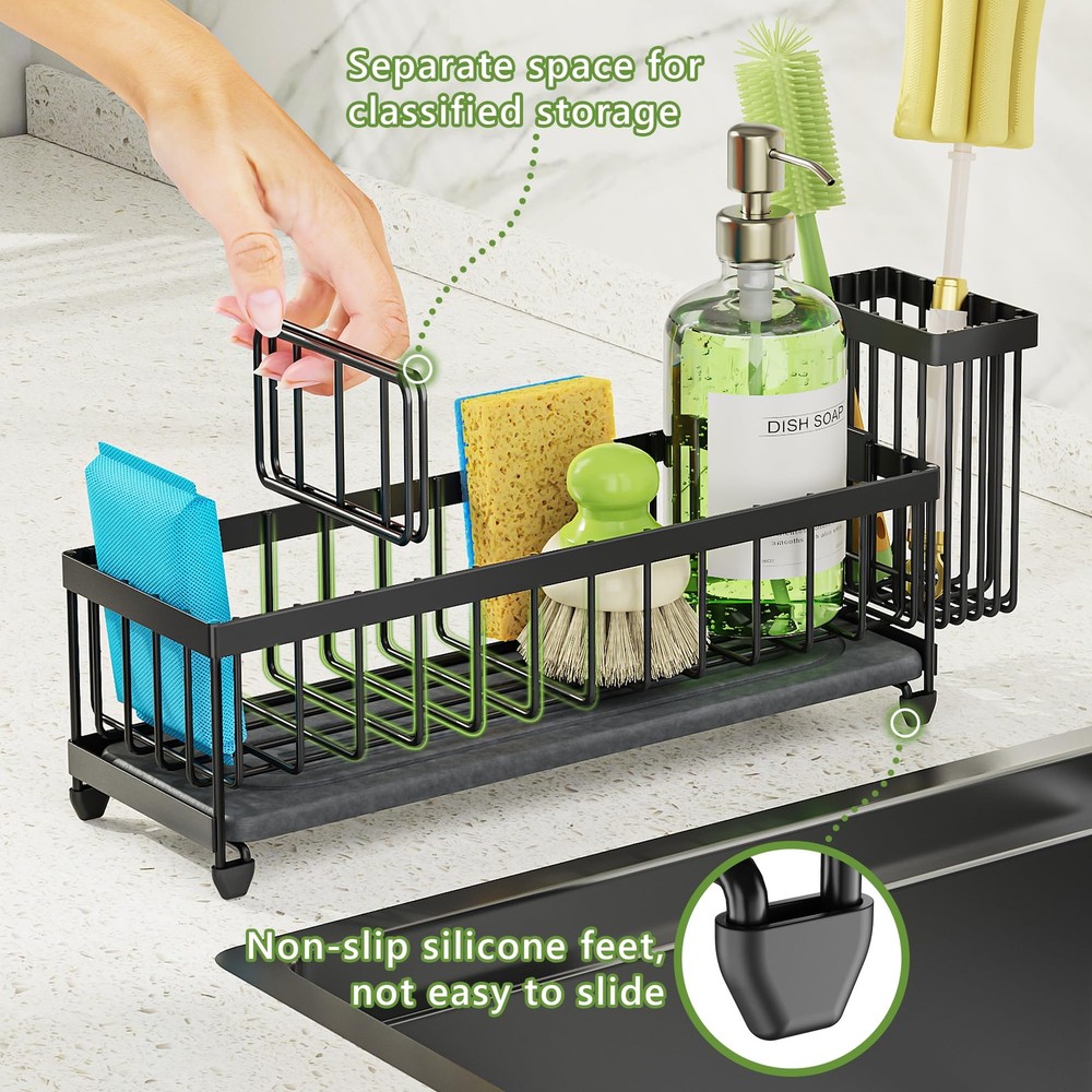 Cisily Extra Large Sink Caddy Organizer with Drying Stone, Black Large,