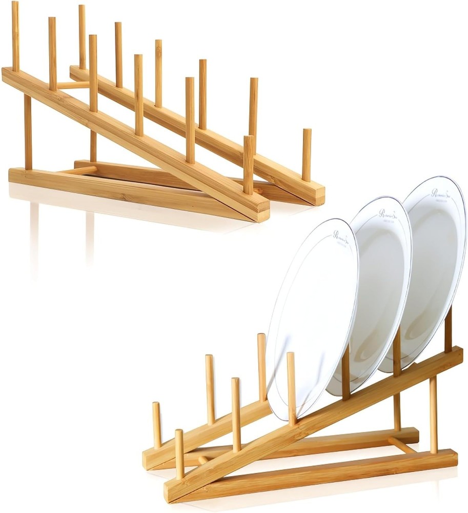 2-Piece Bamboo Dish Drying Rack with Pot Lid Holder,Kitchen Countertop Organizer