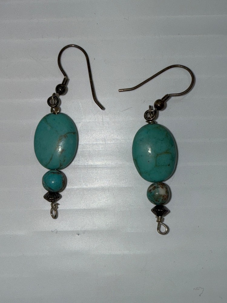 Artisan Wire Beaded Turquoise Hook Dangle Earrings