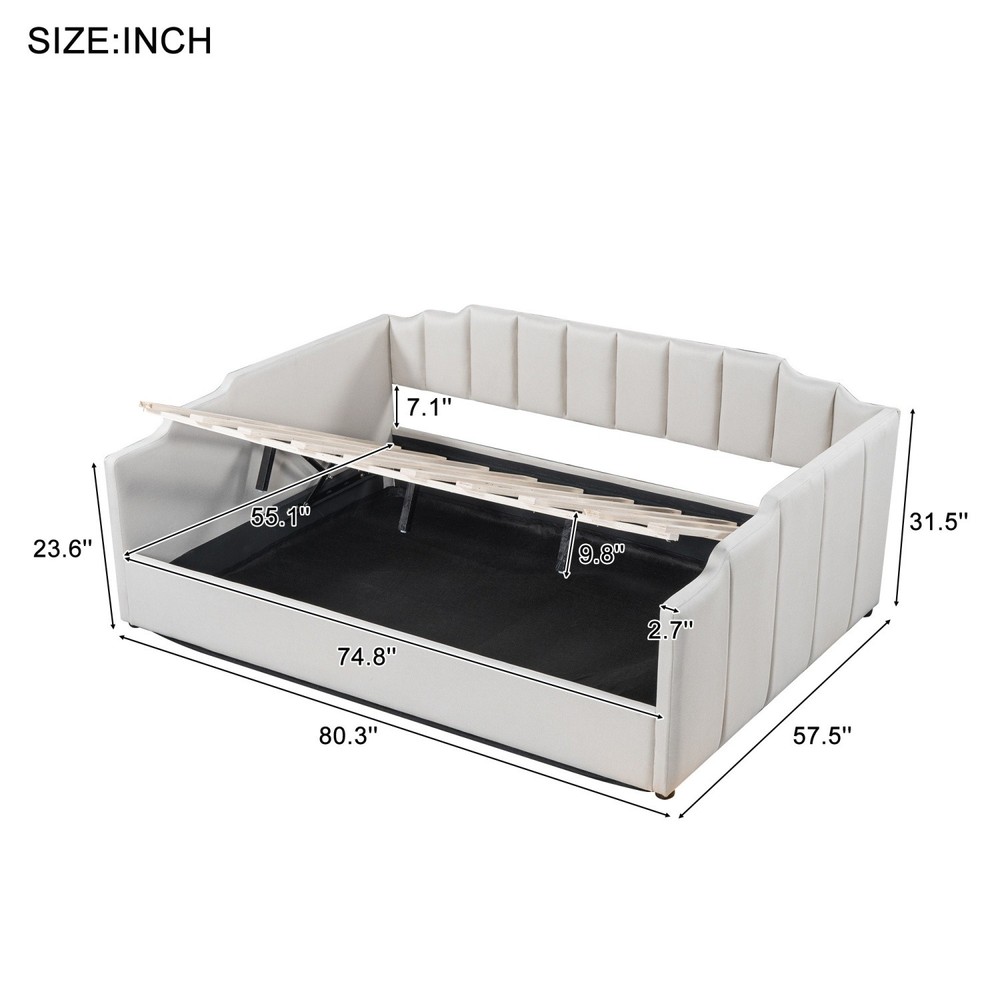 Full Size Daybed Upholstered Bed Frame Sofa Bed w/ Underneath Storage Beige/Gray
