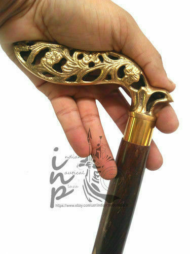 Vintage Solid Brass Leaf Head Handle Victorian Walking Wooden Cane Stick Gift