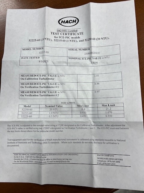 HACH ICE-PIC 1.0 NTU Calibration Verification Module
