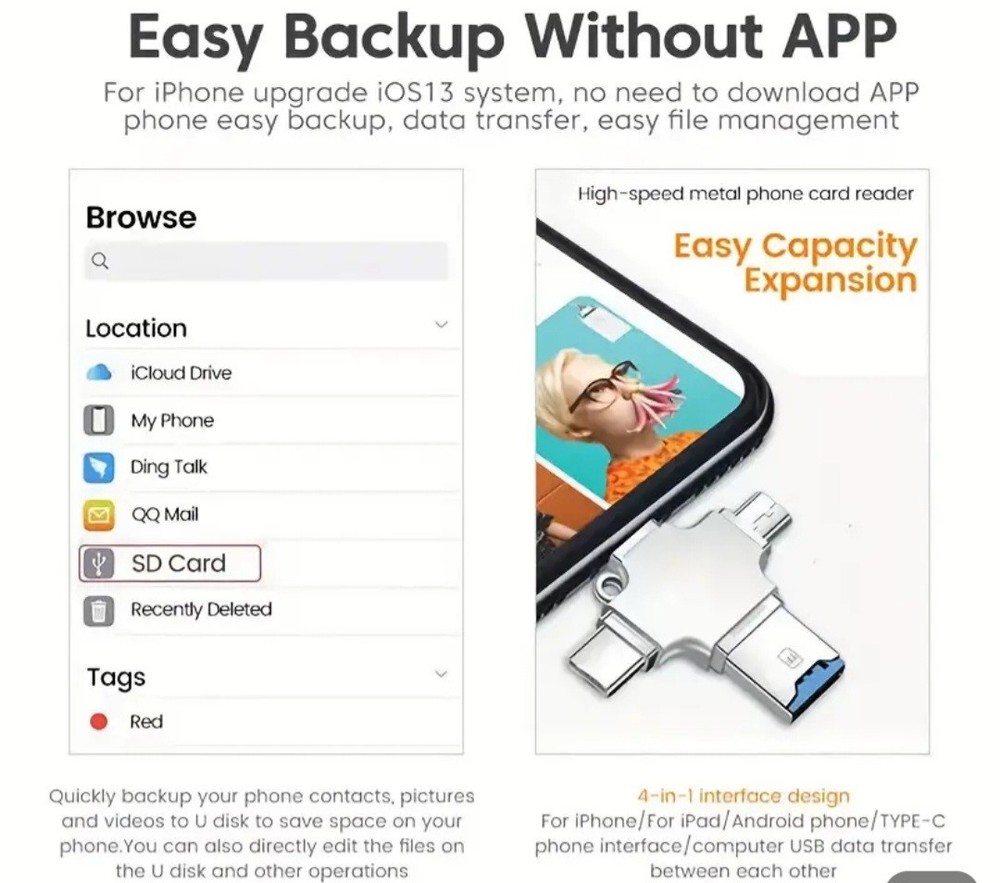 USB 3.0 TF/SD 256MB Card Adapter Flash Drive Type-C OTG iPhone&Android PC