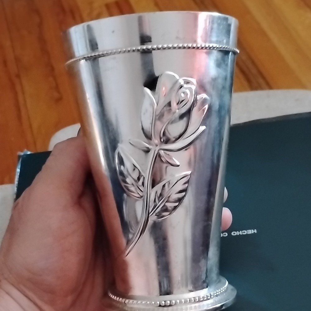 Antique Silverplate Cup with Embossed Rose Pattern Elegant Decorative Design