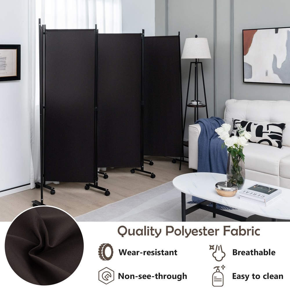 6-Panel Folding Room Divider 6' Rolling Privacy Screen w/ Lockable Wheels Brown