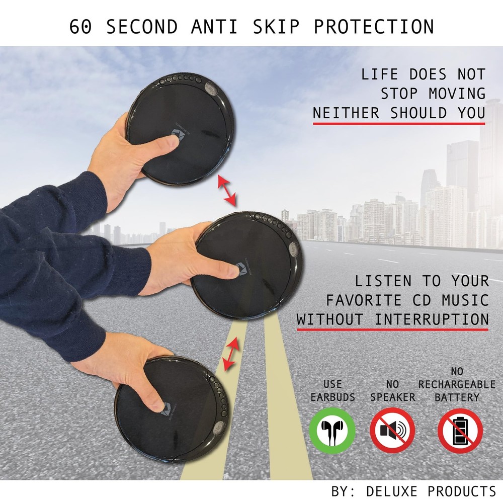 CD Player Portable with 60 Second Anti Skip Stereo Earbuds Includes Aux in Cable