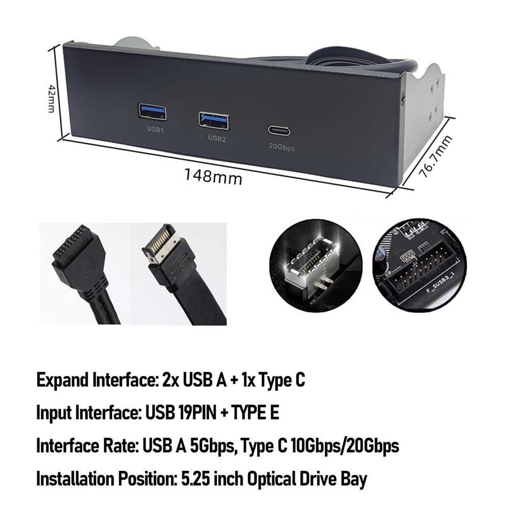 5.25 Inch Front Panel USB Hub 20Gbps Type C Gen 2x2 USB A Type E 19 Pin