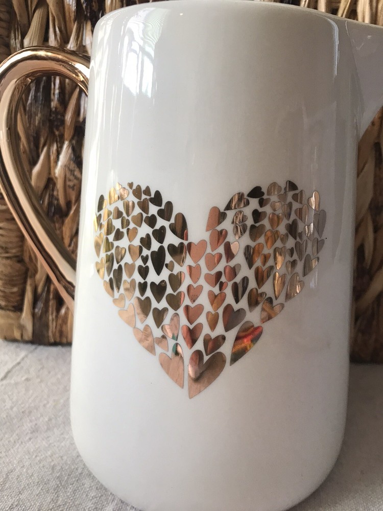 Ceramic Pitcher 7”Heart Flutter White W/ Copper Handle Unique. EUC debi Lily