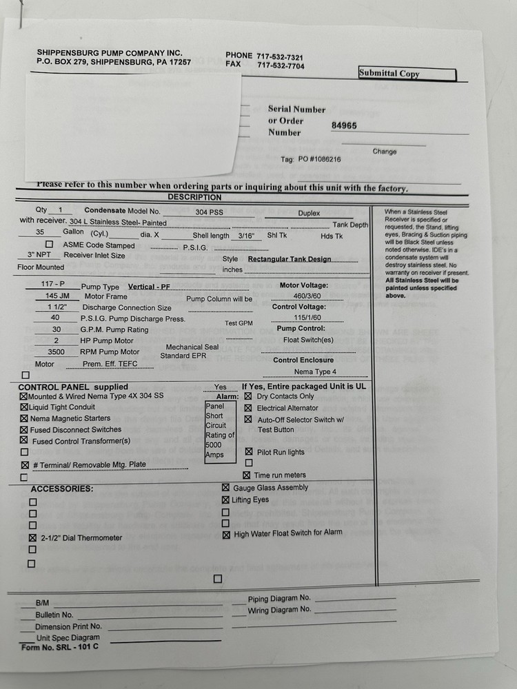 Shipco Condensate Return Unit Model 304PSS Duplex System