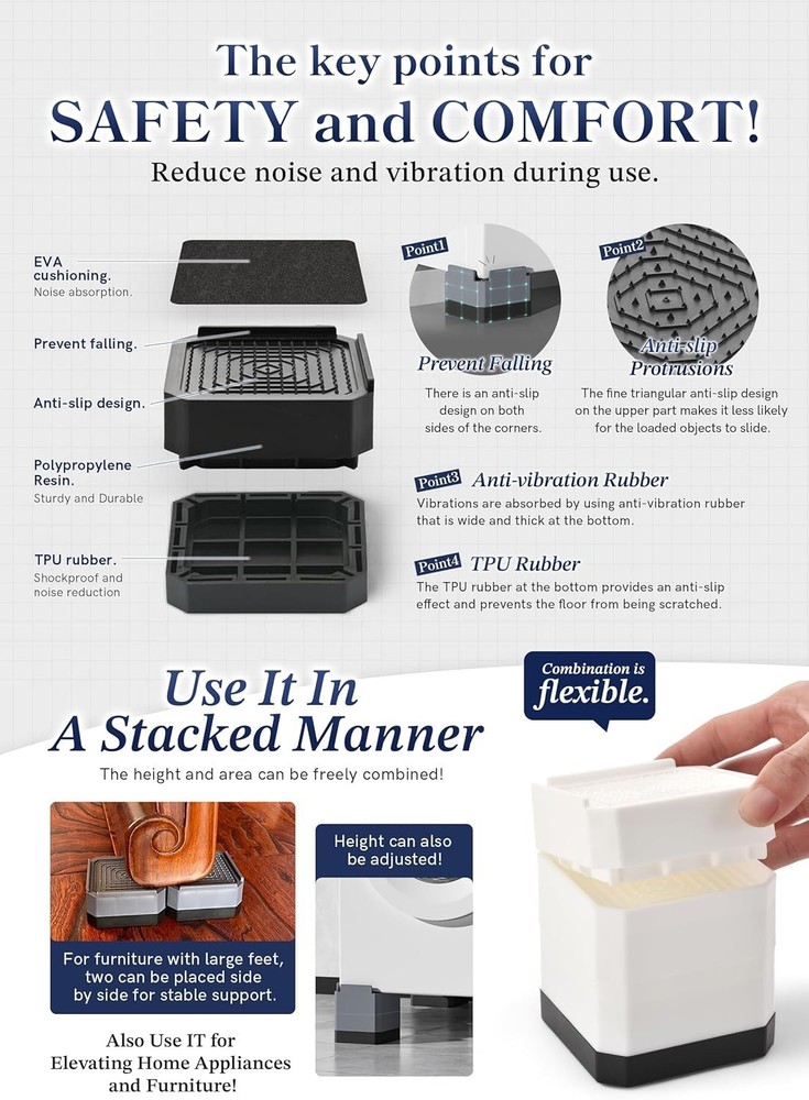 Adjustable Bed & Furniture Risers - Stackable Solution with Slip-Prevention