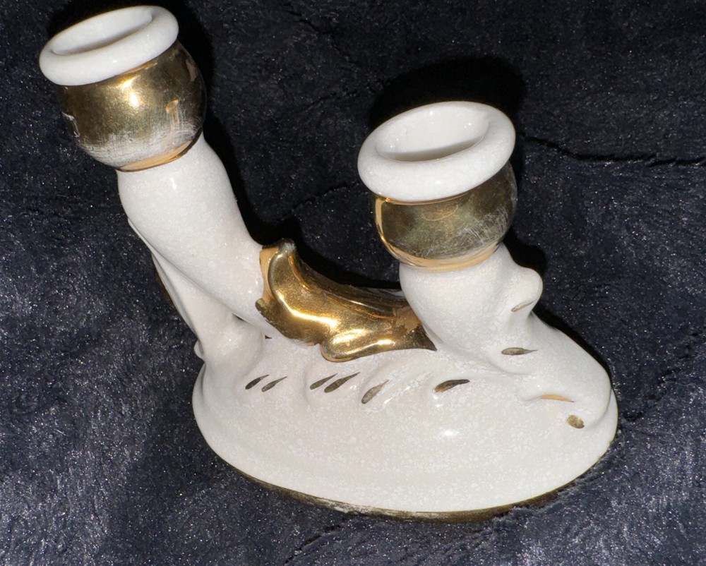 Mid Century Ceramic White And Gold Double Candle Holder