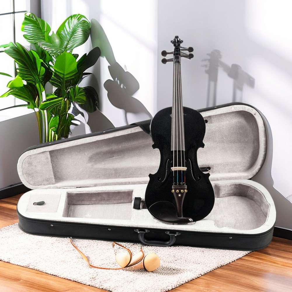 Black 4/4 Full Size Solid Wood Violin Set w/ EQ, Shoulder Rest, Electronic Tuner