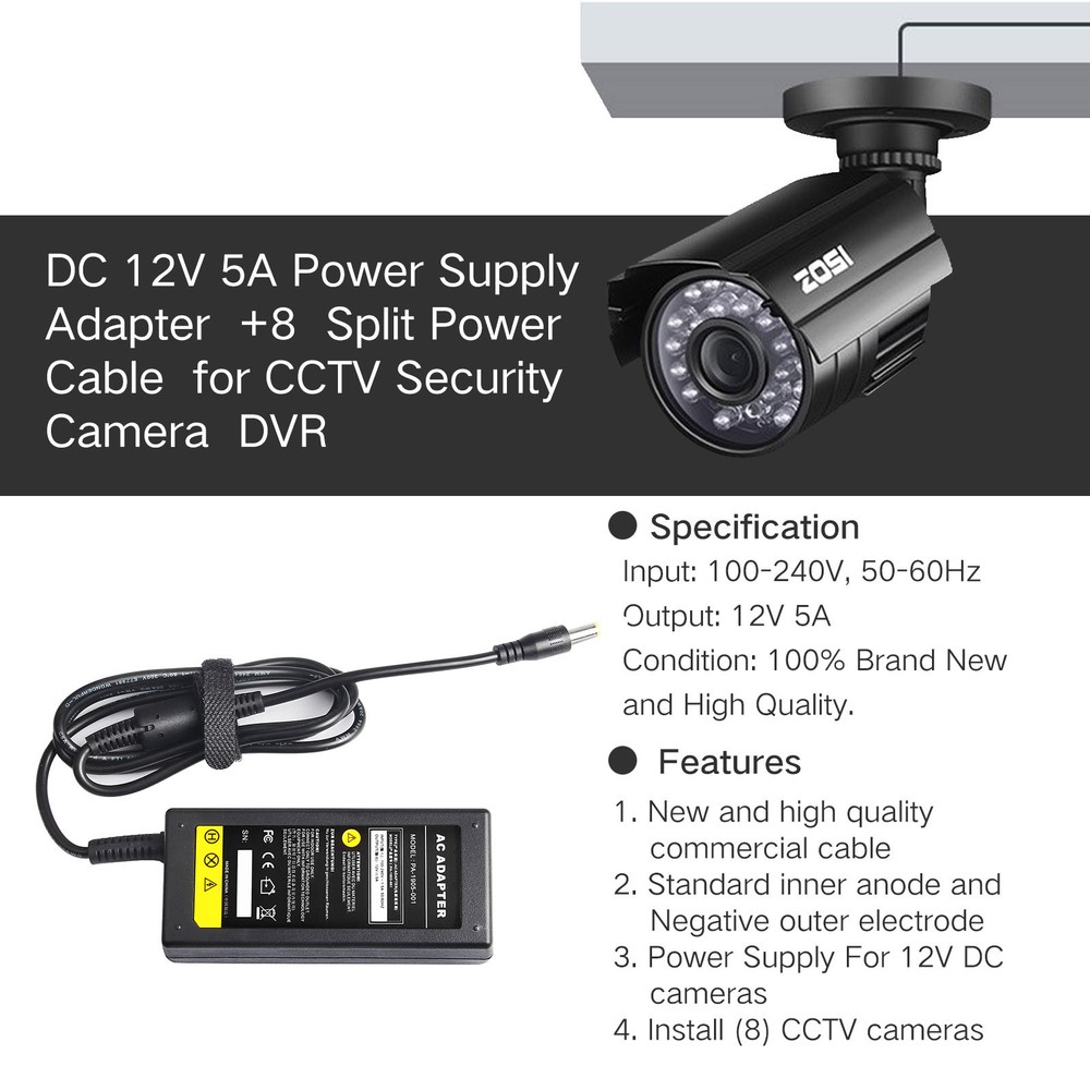 Security Camera Power Adapter Cable US Plug For 12V CCTV W/ 8 Way Splitter Cable