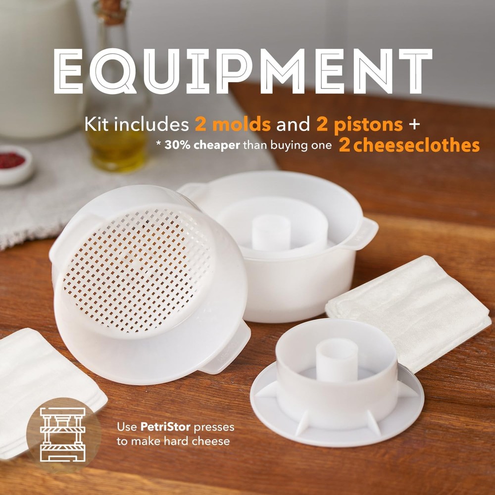 2 pcs Cheese Mold with a Follower Piston and Cheesecloth – Medium
