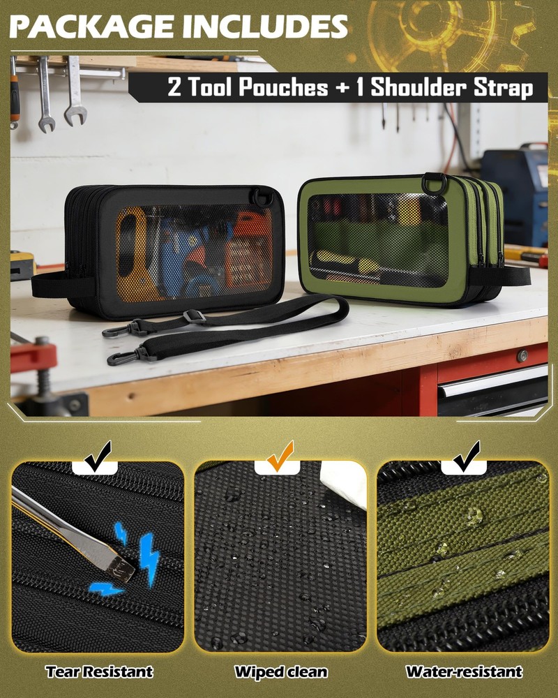 2 Pack Tool Pouch with Dual Compartments, 12” Tool Bag with Detachable Should...