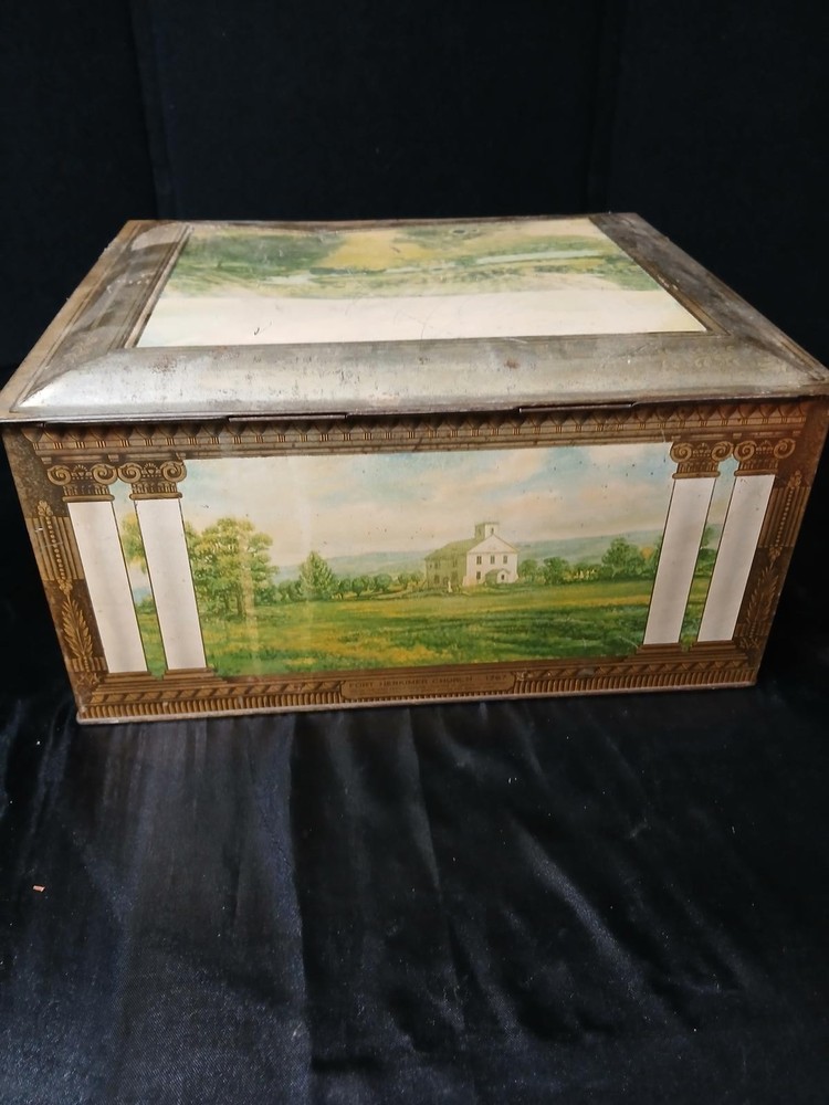 Vintage Scenic Tin Storage Box with Lock