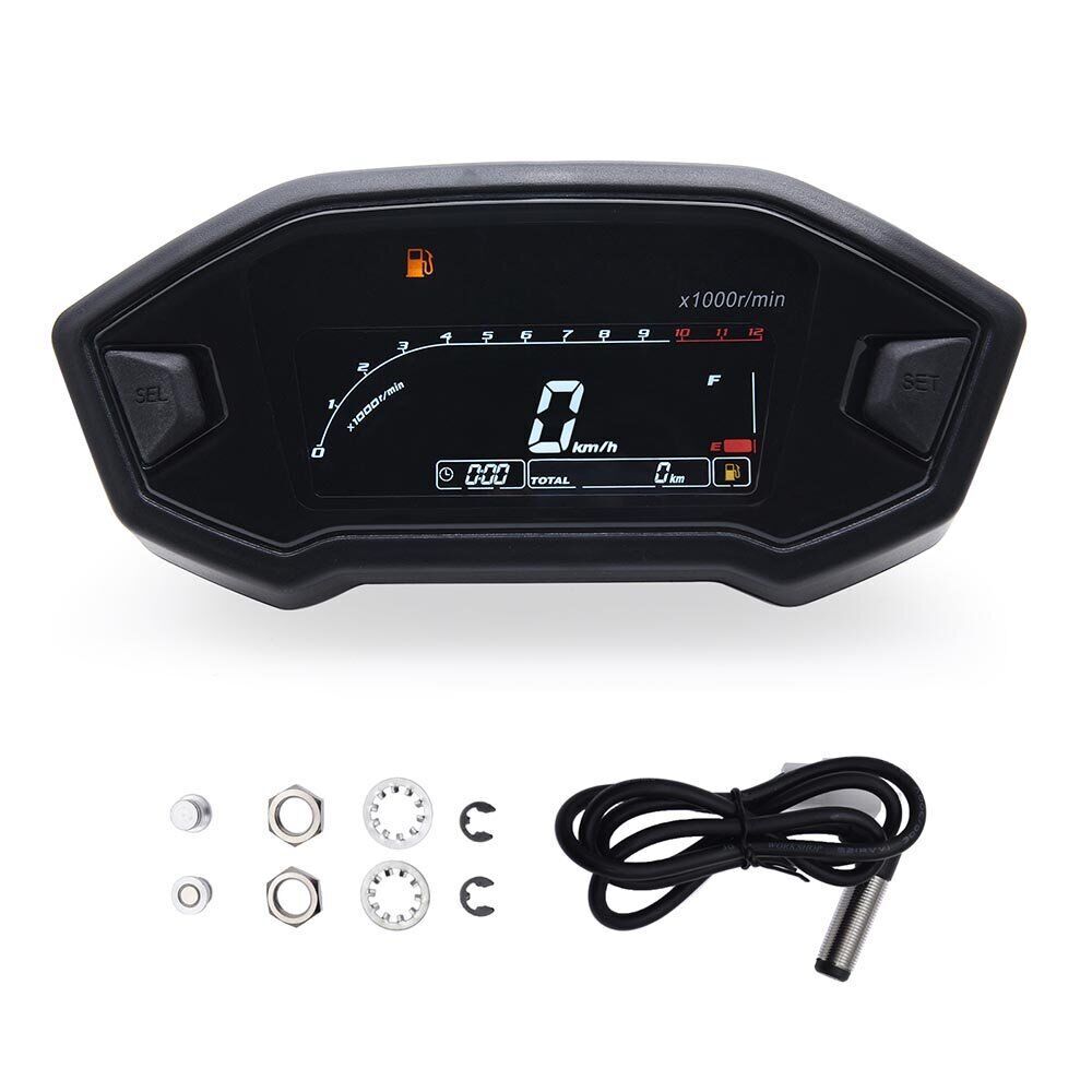 Motorcycle Speedometer Universal Tachometer LCD Digital Odometer Gauge Fuel