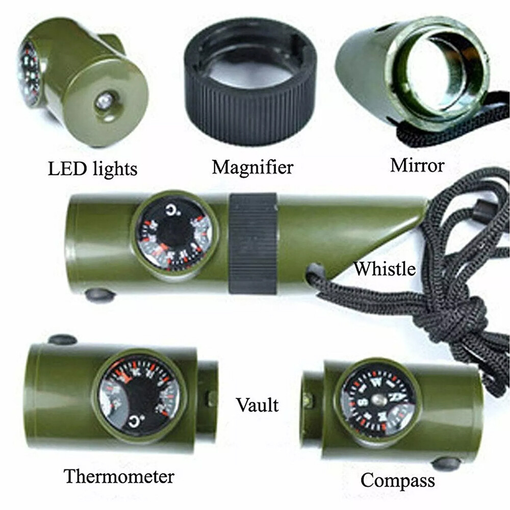 2x 7 In1 Emergency Survival Whistle Compass Thermometer LED Flashlight Magnifier
