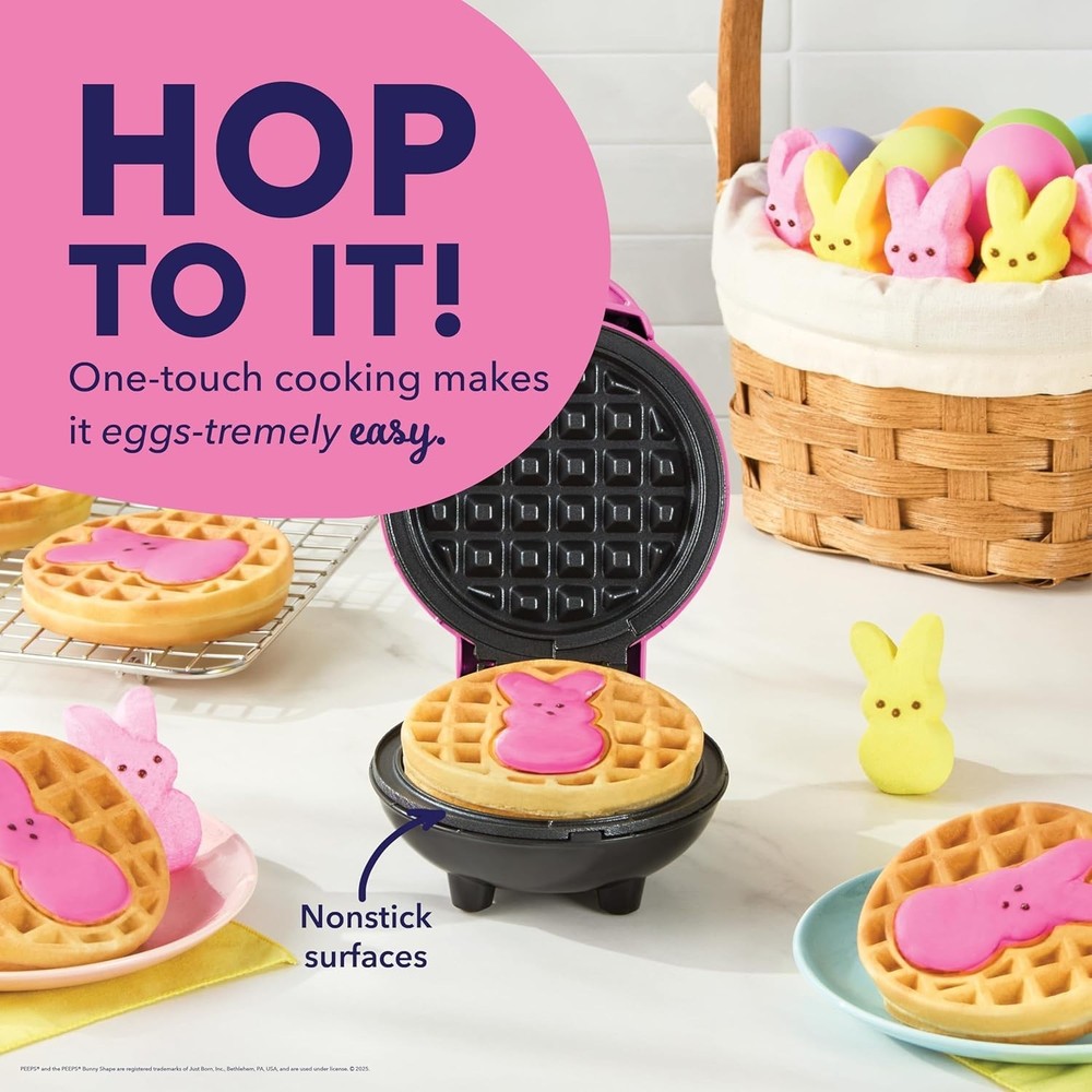 PEEPS Dash Bunny Mini Waffle Maker, 4" Non-Stick, Pink, for Waffles & Chaffles
