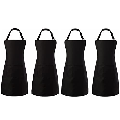 Pack Adjustable Bib Apron Waterdrop Resistant Apron with 4 Polyester-black