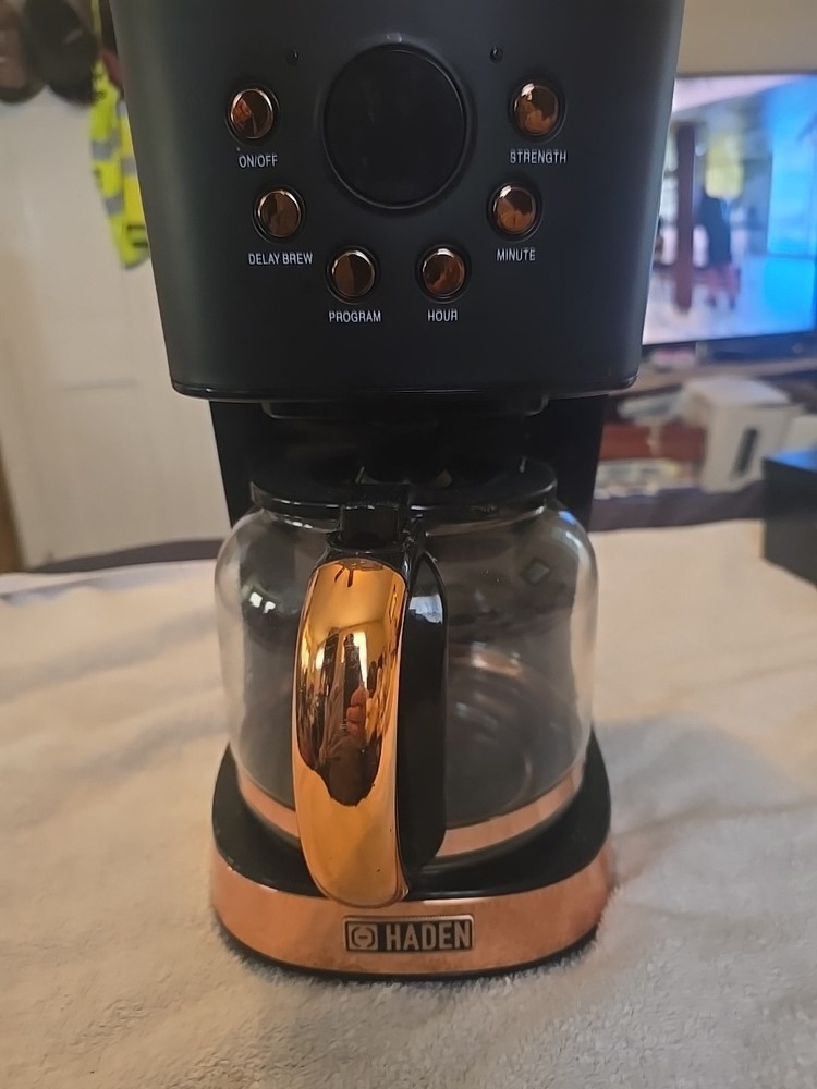 Haden Coffee Machine, 12 Cup Programmable Drip Coffee Maker, Black & Copper