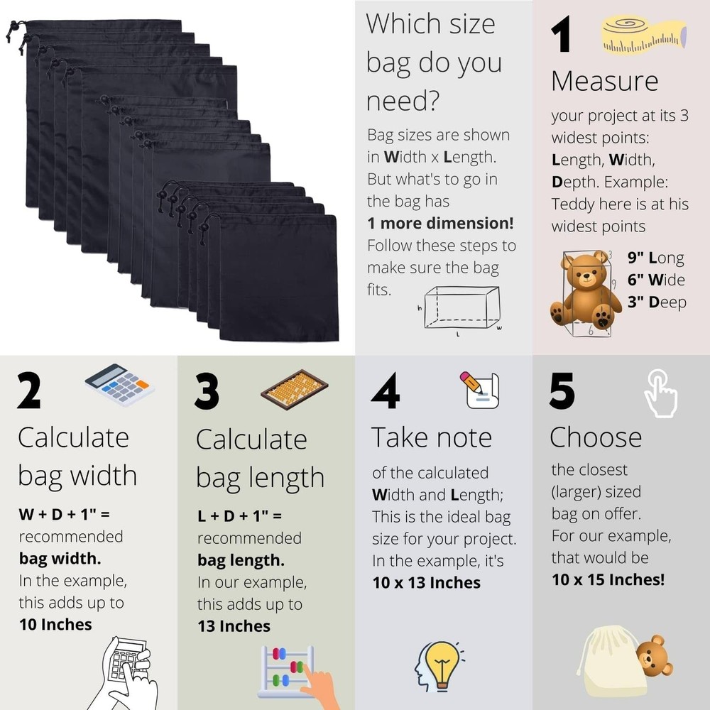 Jarler 15packs Drawstring Bag String with Toggle - 15Pcs Multi Size, Black