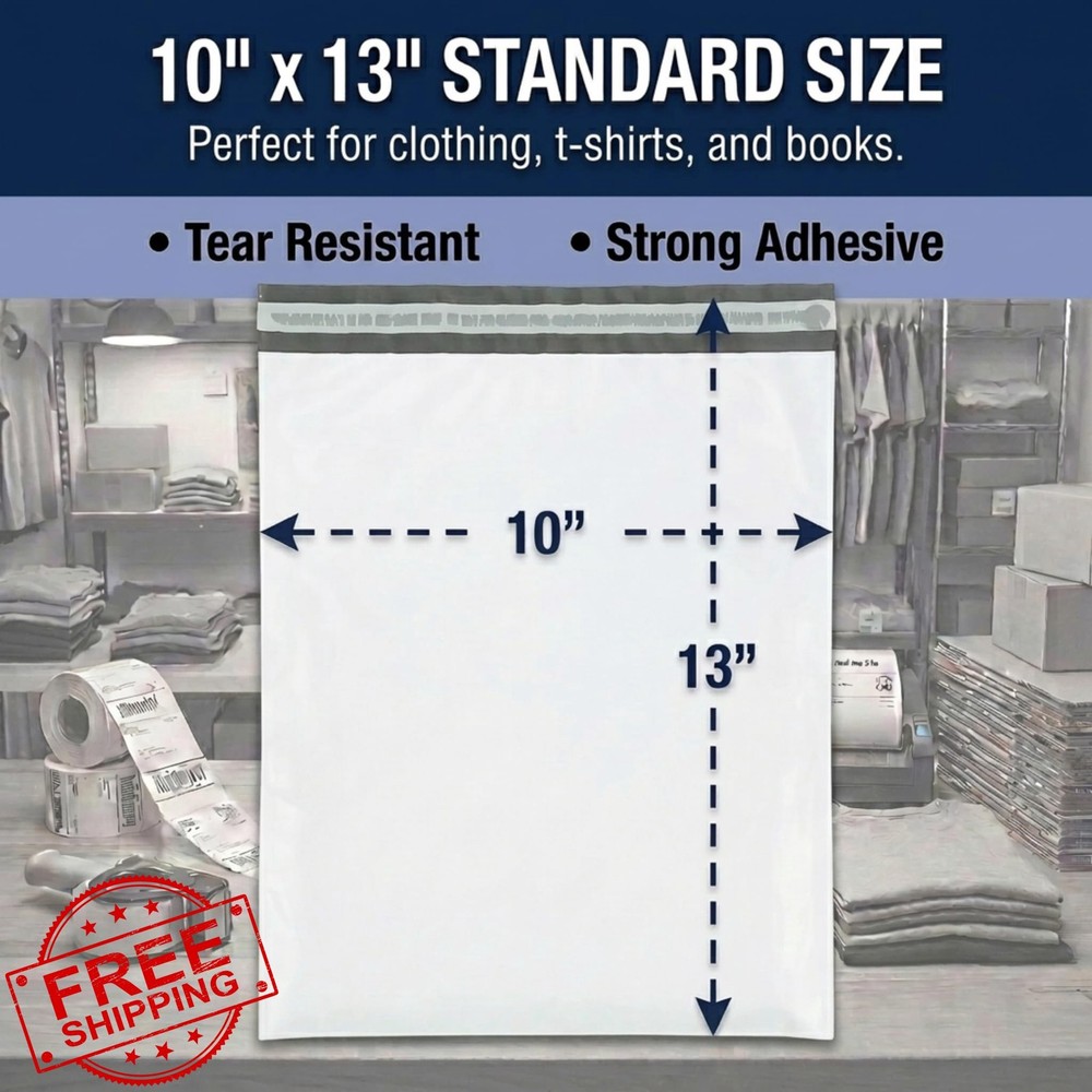BOX USA Poly Mailers 10"x13", 100-Pack White Self-Adhesive