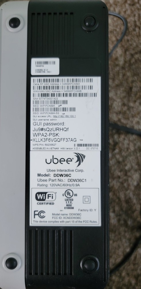 Ubee DDW36C Dual-Band Wireless Cable Modem Router - TESTED & WORKING
