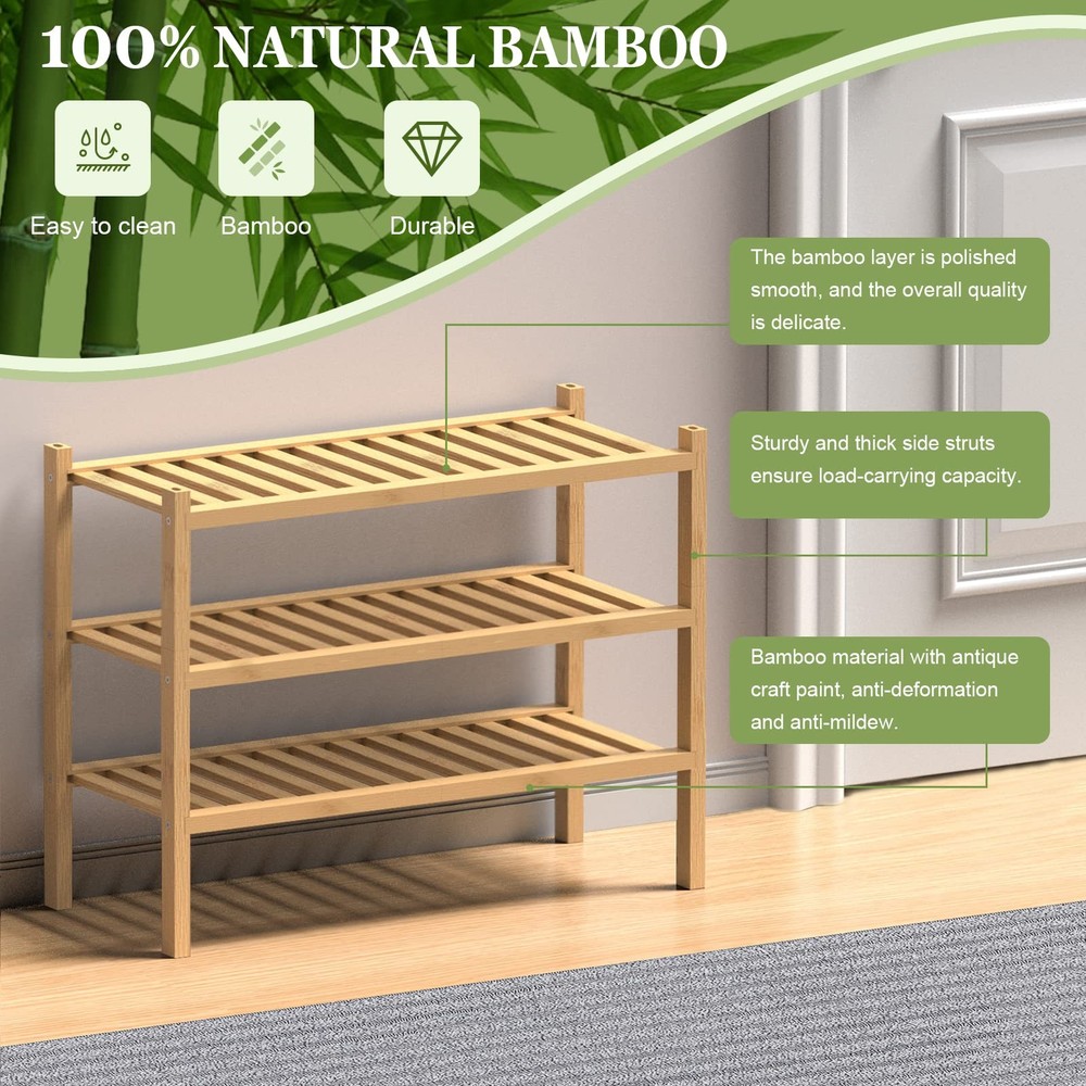 (Thick Bamboo Shoe Rack for Entryway, 3-Tier Free Standing Shoe Racks Stackab...