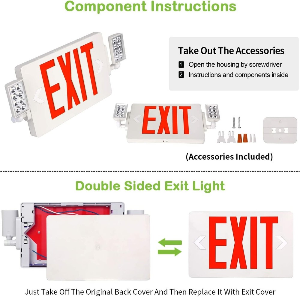 4 Pack LED Exit Sign Emergency Combo Light with Adjustable Two Head Battery UL