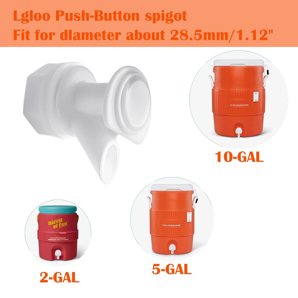 Push-Button Cooler Spigot Replacement for Igloo 2-10 Gallon Water Jugs Cooler...
