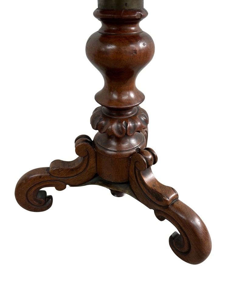 Victorian Piano Stool Carved Column Triple Scroll Support & Leather Top - 1860's