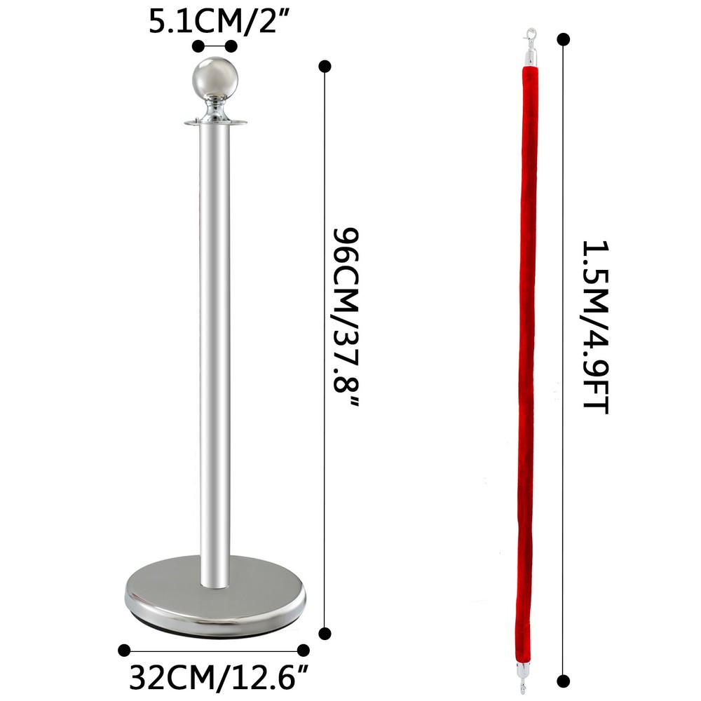 Crowd Control Stanchion Silver 4x37.8" Pack 3 Ropes Queue Posts Stable Red