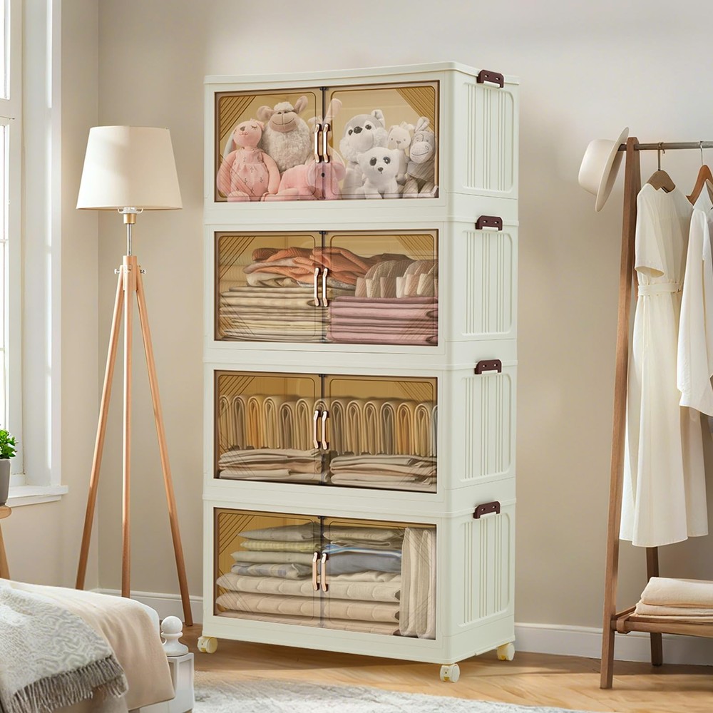 192QT Stackable Storage Bins, Folding Storage with Magnetic Doors & Wheels, L...