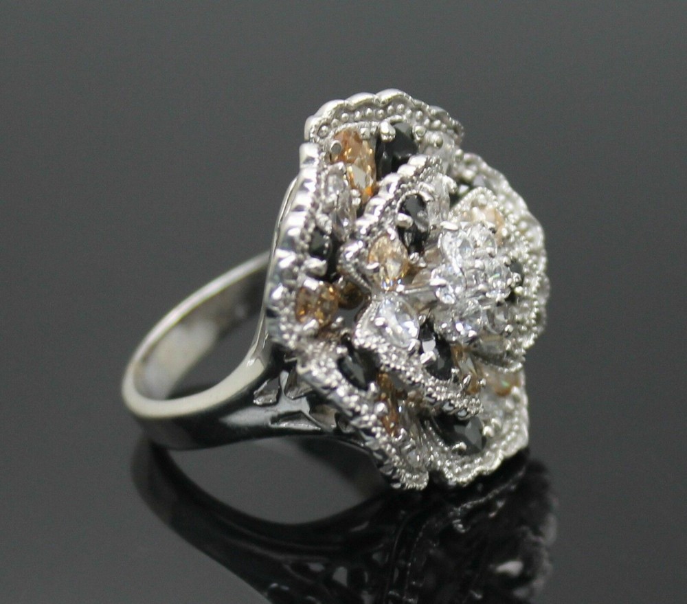 DAZZLING MULTICOLORED STONES FLOWER CLUSTER STERLING SILVER RING SIZE 8.25